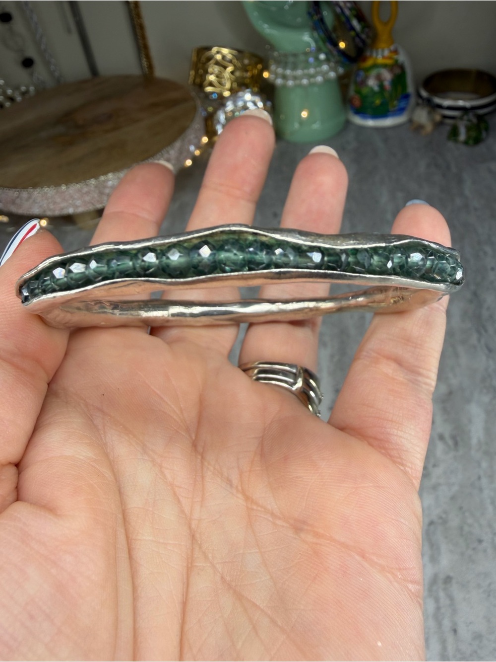 Gorgeous Channel Set Silver Tone Bracelet Bangle Smokey Blue Crystal Jewelry